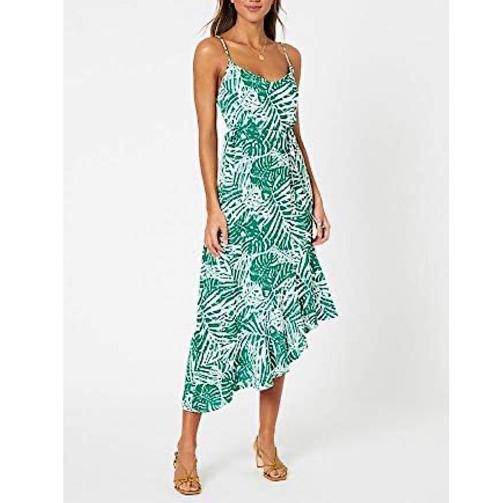 MINKPINK Collins Asymmetrical Hem Midi Dress in Green Palm Print Size Medium